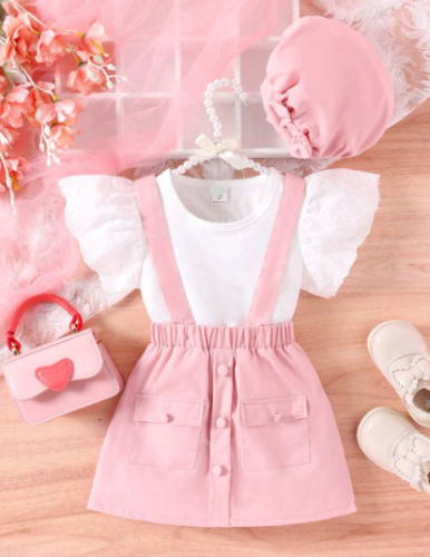 CJ FALDA ROSA TIRANTES BLUSA Y BOINA