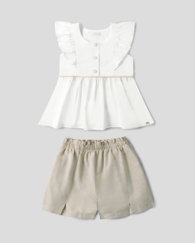 FALDA SHORT CAFE HILO DORADO - CAMISA BLANCA