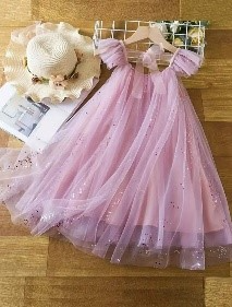 VESTIDO BATOLA ROSA TULL VISOS PLATEADOS