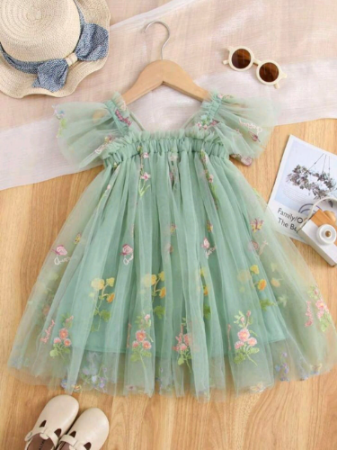 VESTIDO FLORES  MARIPOSA ATRAS/VERDE/BEIGE