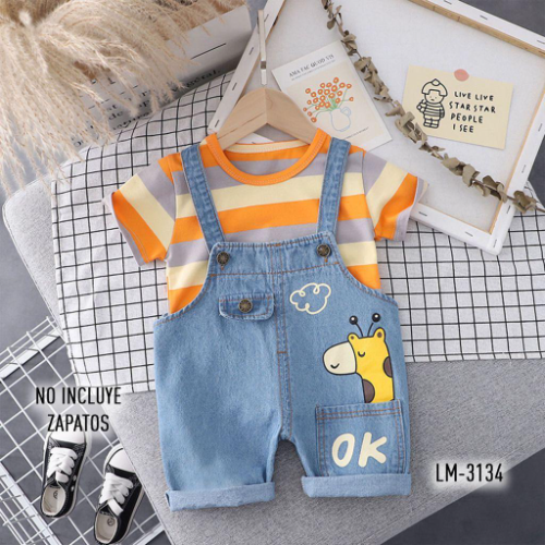 CAMISETA FRANJAS COLORES OVEROL TIPO JEAN APLIQUE DE JIRAFA CON BOLSILLO NINO MULTICOL