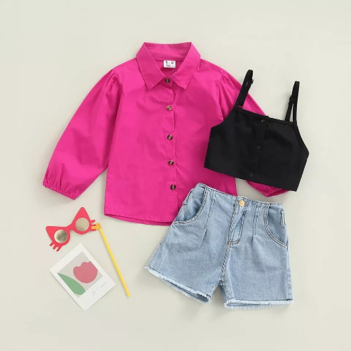 SHORT JEAN CAMISA FUCSIA TOP NEGRO