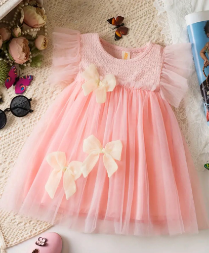 VESTIDO TULL ROSA TEJIDO MOÑOS