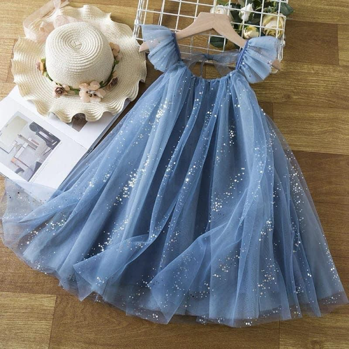 VESTIDO BATOLA AZUL/ ROSA TULL PUNTOS PLATEADOS