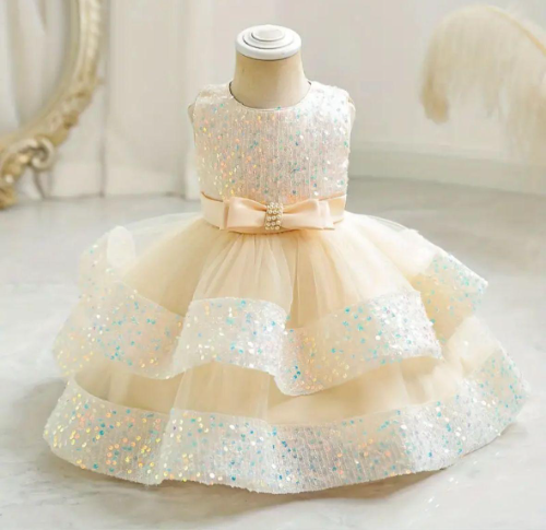 VESTIDO BEIGE BRILLANTE MURANO CAPAS
