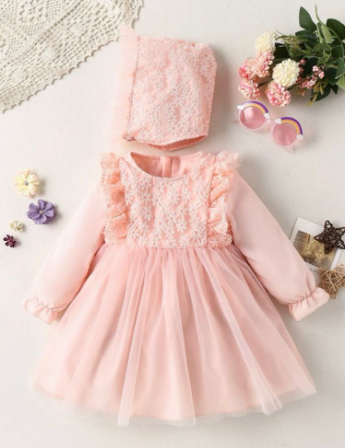 VESTIDO SALMON ENCAJE CON SOMBRERO