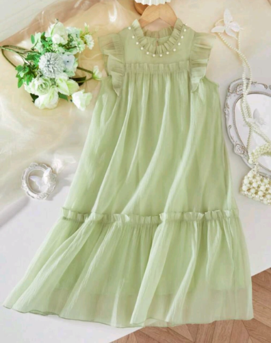 VESTIDO TULL NIÑA VERDE PERLAS CUELLO