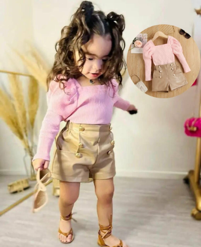 CONJUNTO SHORT CUERO CAFE BLUSA ML ROSA
