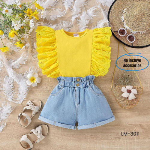 BLUSA MANGA SISA CON ENCAJE AMARILLA SHORT EN JEAN NINA AMARILLO/AZUL