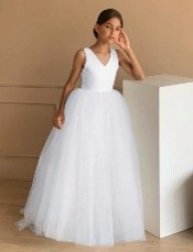 VESTIDO DE PRINCESA TULL LARGO MOÑO ATRÁS ESPALDA EN V BLANCO