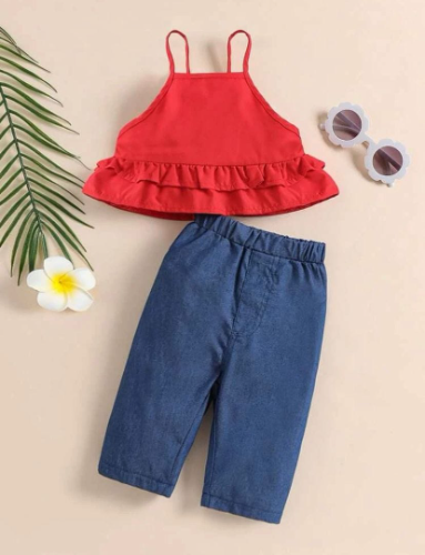 CJ PESCADOR JEAN - BLUSA ROJA TIRAS