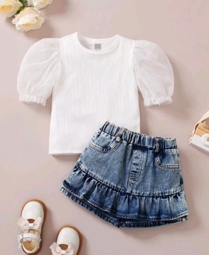 CONJUNTO FALDA JEAN - BLUSA BLANCA MANGA BOLERO