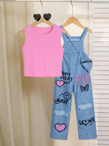 OVEROL IMIT JEAN LOVE 8/BLUSA ROSA