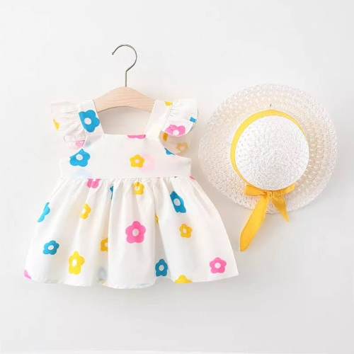 VESTIDO BLANCO FLORES - SOMBRERO