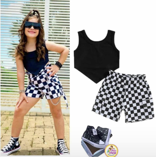 SHORT CUADROS AJEDREZ /TOP NEGRO