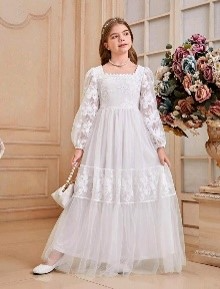VESTIDO LARGO BLANCO COMUNION MANGAS BORDES FLORES