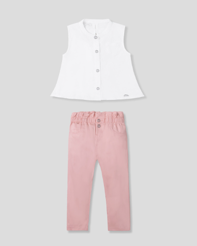 PANTALON ROSA ALTO-BLUSA MOÑOS BEIGE