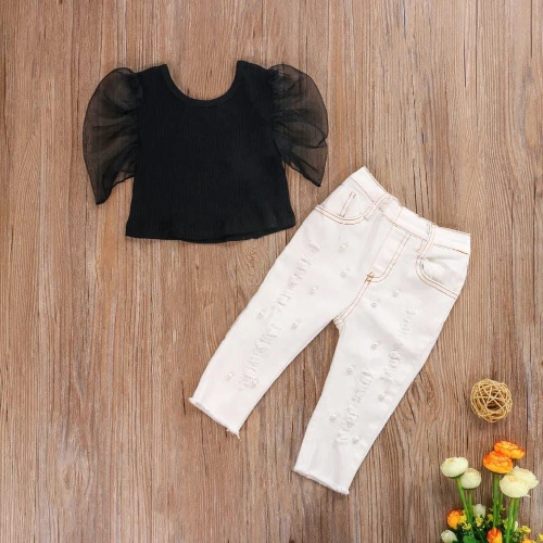 JEAN BLANCO PERLAS/BLUSA NEGRA MANGA TULL