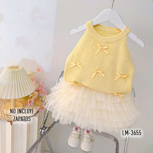 SETX2 CHALECO TEJIDO AMARILLO CON MONOS 3D TEJIDOS FALDITA TUTU AMARILLO PASTEL