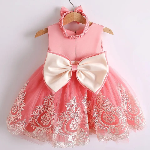 VESTIDO FIESTA SALMON Y BEIGE MAXI MOÑO