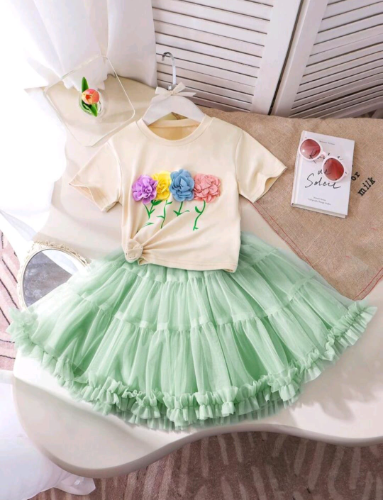 TUTU VERDE PASTEL CAMISETA FLORES COLORES