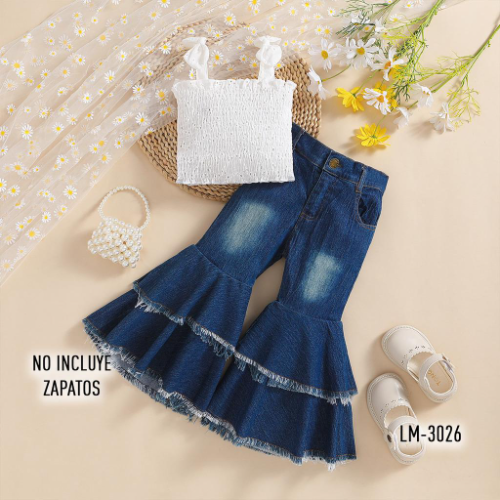 BLUSA TIPO CORSET ENCAJE PANTALON TIPO JEAN DESCOLORIDOS BOTA ANCHA NINA BLANCO/AZUL