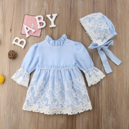 VESTIDO AZUL ENCAJE MUÑECA - GORRO