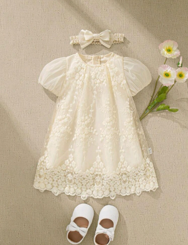 VESTIDO TULL BEIGE MANGAS BOMBA