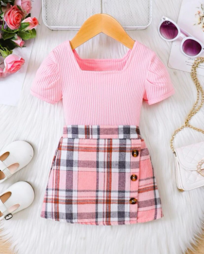 CJ FALDA CUADRO ROSA Y GRIS BLUSA ROSA