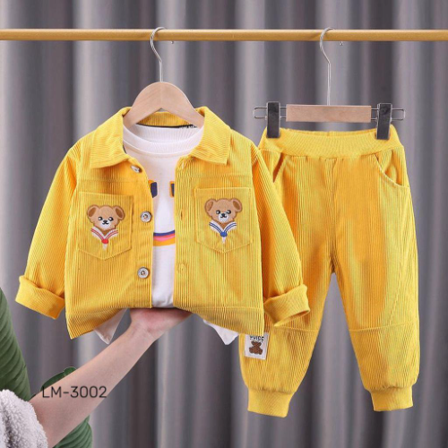 SETX3 CAMIBUSO ESTAMPADO CHAQUETA ACANALADA AMARILLA APLIQUES OSO