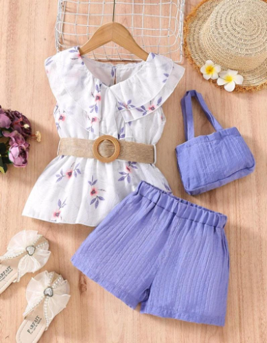 CJ SHORT LILA/ BLUSA FLORES Y BOLSITO