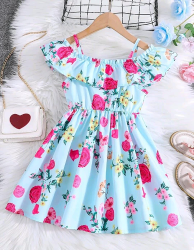 VESTIDO AZUL CON FLORES FUSCIA