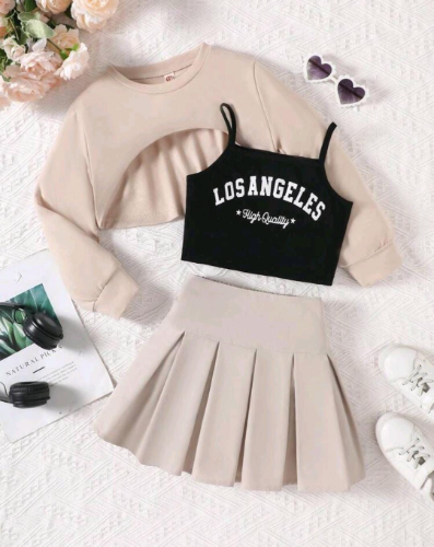 CJ 3 PIEZAS LOS ANGELES  BEIGE /FALDA /TOP NEGRO