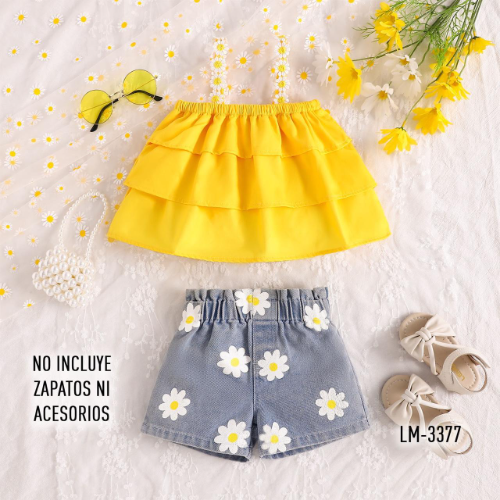 SETX2 BLUSA AMARILLA BOLEROS CON TIRAS FLORES COSIDAS 3D SHORT EN JEAN CON APLIQUES DE FLORE