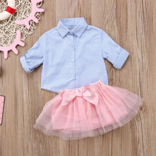 CJ FALDA TUTU ROSA - CAMISA RAYAS AZUL ML