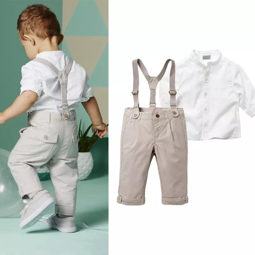 CJ 4 PCS BAUTIZO NIÑO CAMISA ML - PANTALON TIRANTA GRIS