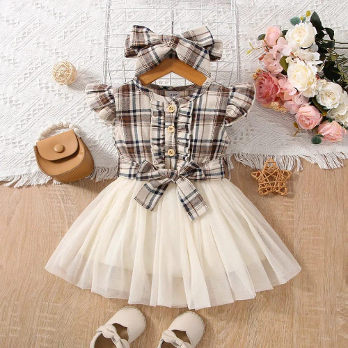 VESTIDO CAFE CUADROS TULL BEIGE