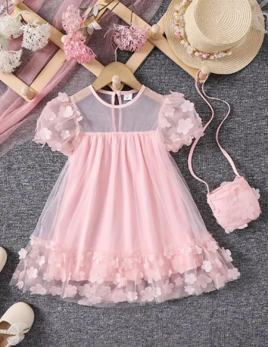 VESTIDO FLORES ROSADO PETALOS CON BOLSO