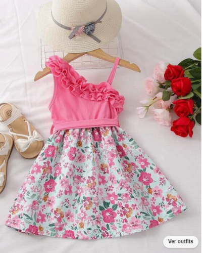 VESTIDO FLORES  ROSADO UNIMANGA