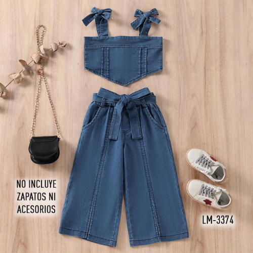 SETX2 EN TELA TIPO JEAN TOP/PANTALON/CINTO NINA AZUL