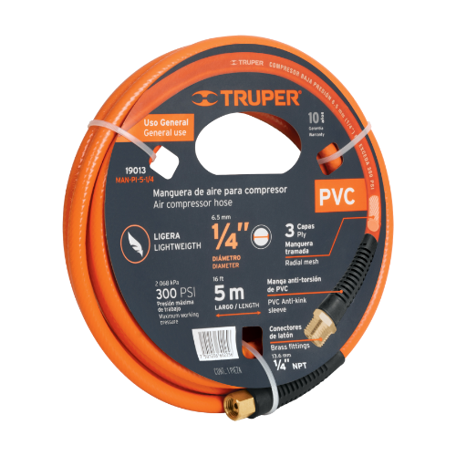 Manguera De PVC 1/4" x 5M Para Compresor 3 Capas Anti-torsion 300 PSI 19013 Truper