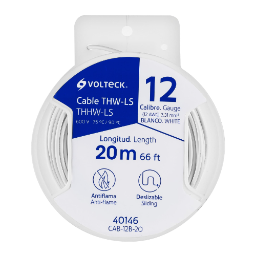 Carrete Con 20m De Cable THHW-LS 12 AWG Blanco 40146 Volteck