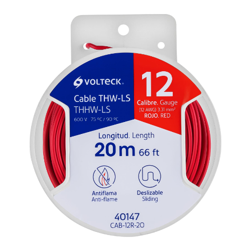 Carrete Con 20m De Cable THHW-LS 12 AWG Rojo 40147 Volteck