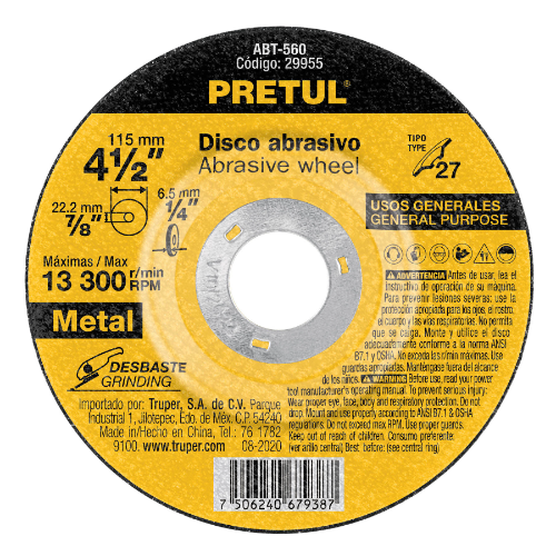 DISCO PARA DESBASTE DE METAL 4.1/2 PRETUL