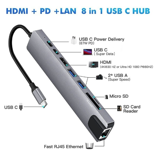 HUB Adaptador 8 en 1 tipo C-RJ45