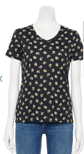Croft & Barrow T/XS Blusa Manga corta Negra con flores pequeña Talla XS
