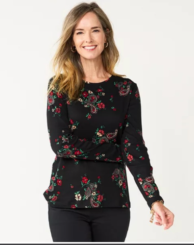 Croft & Barrow T/XS Blusa Manga Larga con flores detalles rojos XS