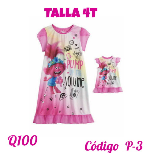 DREAMWORKS T/4 CAJA NO. 25 TROLLS CAMISON PARA NIÑA  Y MUÑECA COLOR FUSCIA TALLA 4
