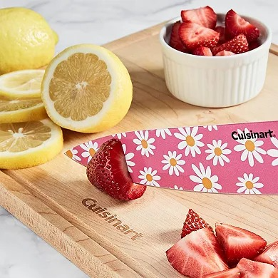 CUISINART SET DE 6 CUCHILLOS COLOR ROSADO CON DISEÑO DE FLORES BLANCAS CON REVESTIMIENTO DE CERAMICA Y FUNDAS PROTECTORAS