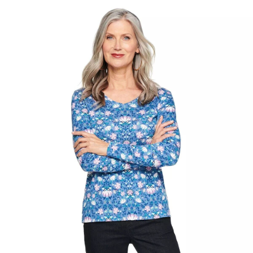 Croft & Barrow T/XXL Blusa Azul con Flores Grandes  Manga Larga XXL